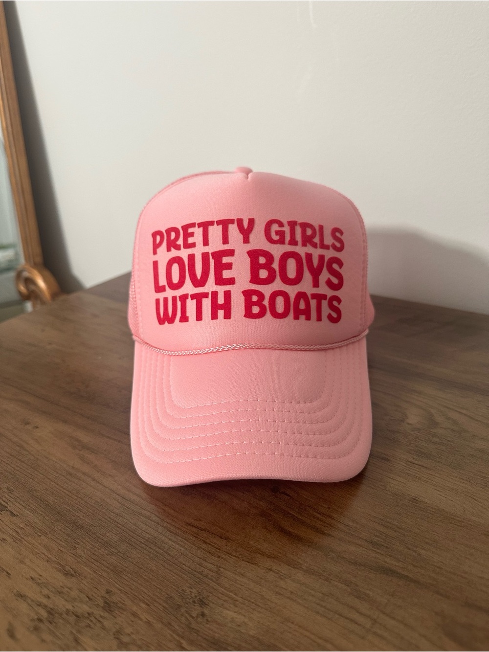 Pink Trucker Hat with 'Pretty Girls Love Boys With Boats' Slogan